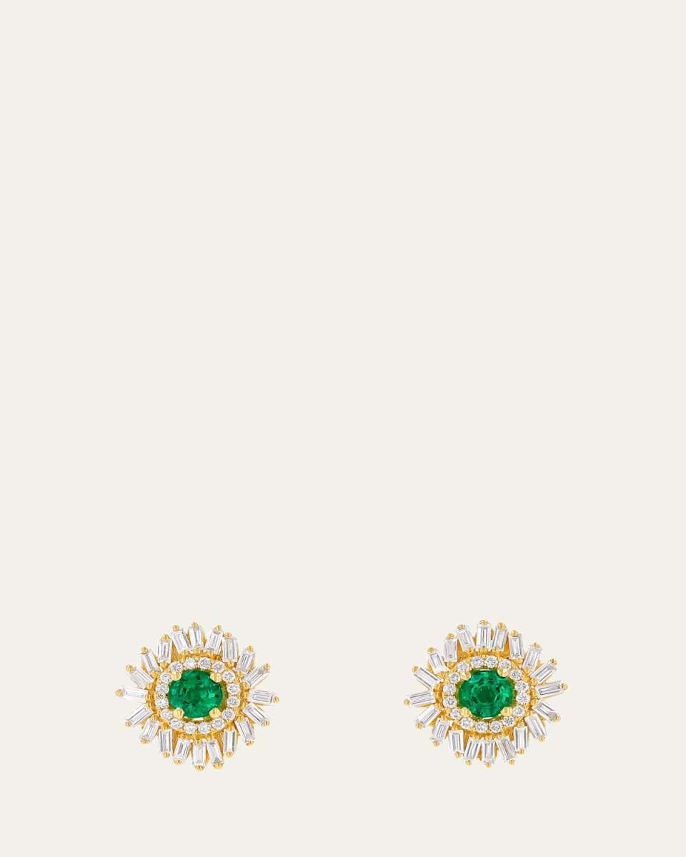18K Yellow Gold One Of A Kind Earrings with Emeralds and White Diamonds